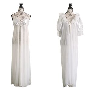 Vintage 80s 2 Pieces White Wedding Set Night Gown And Robe With Lace And Mesh